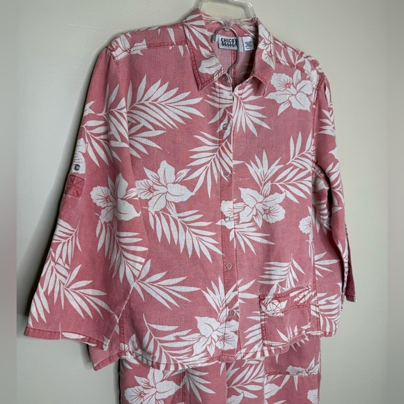 Chico's Vintage 2 Piece Set Jacket Pants Distress Linen Tropical Print Sz Large - Picture 2 of 13